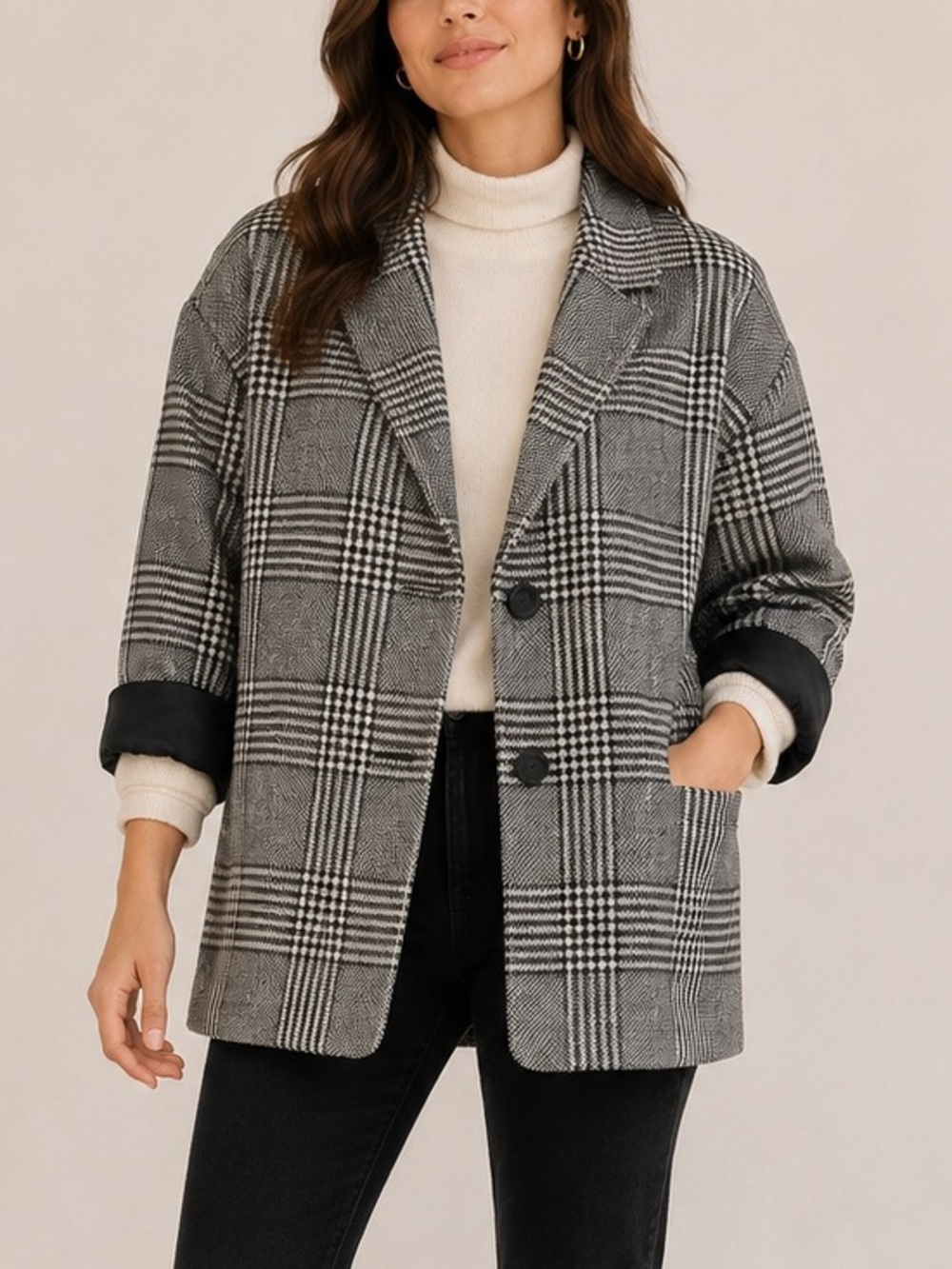 Madewell Dorset Tiarnan Glen Plaid Gray White Oversized Chic Blazer Jacket